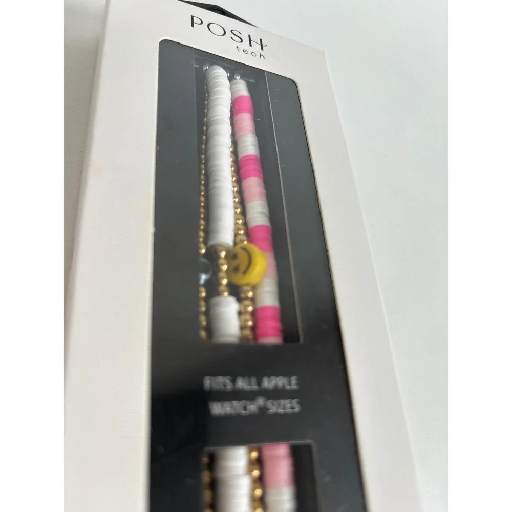 Posh Tech Bestie Beaded Apple Watch Band 4-Strand Evil Eye Smiley Face Pink-Gold
